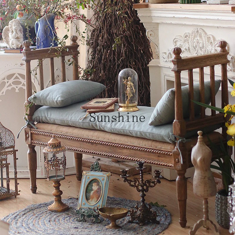 

American retro style old sofa, all solid wood medium and ancient style entrance, change shoes and enter the home stool