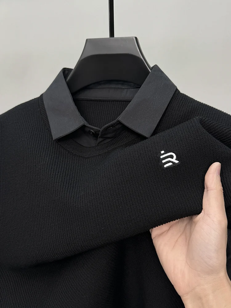 

Winter fashion new item fake two-piece shirt collar sweater men's embroidered casual versatile comfortable warm top