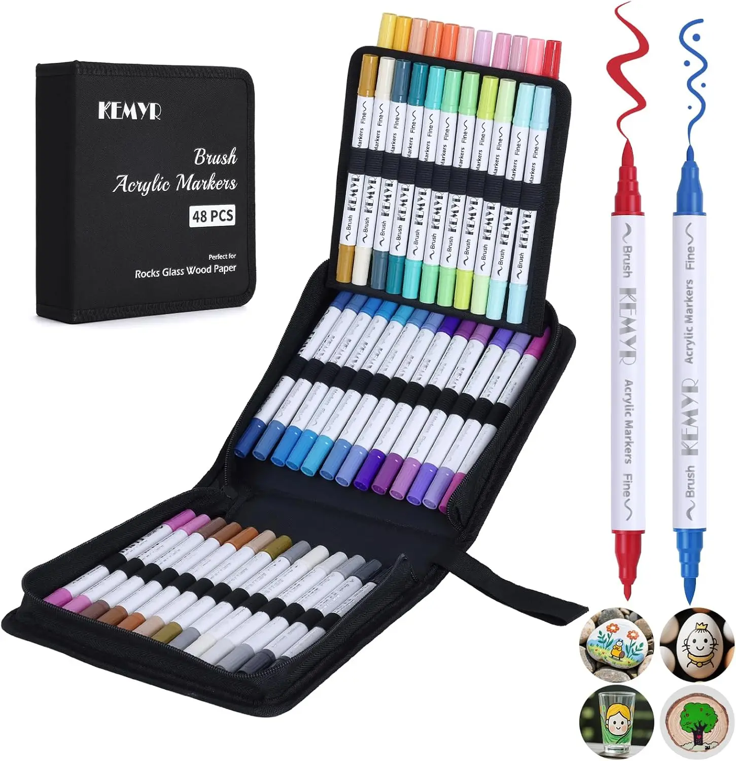 

48 Colors Dual Tip Acrylic Paint Markers for Paper, Wood, Canvas, Rock, Glass, DIY Art Supplies with Fine & Brush Tip