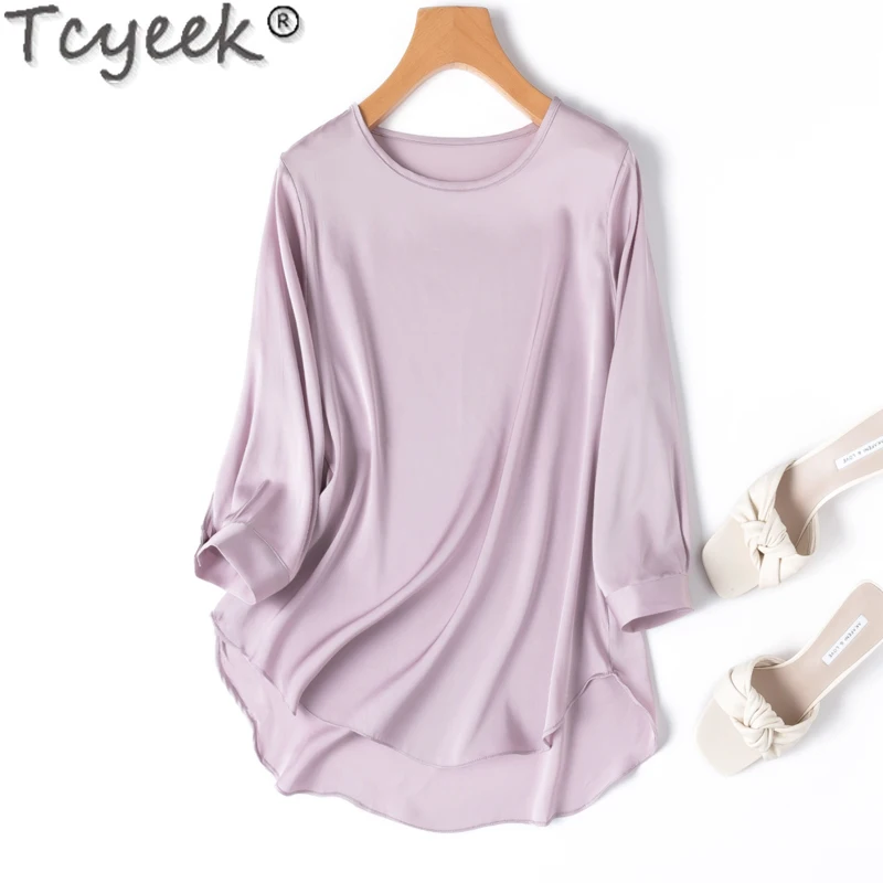 

Tcyeek 93% Mulberry Silk Tops for Women Clothes 2024 Spring Summer 19Mm Real Silk T-shirts Women's Loose Tees O-neck Футболка