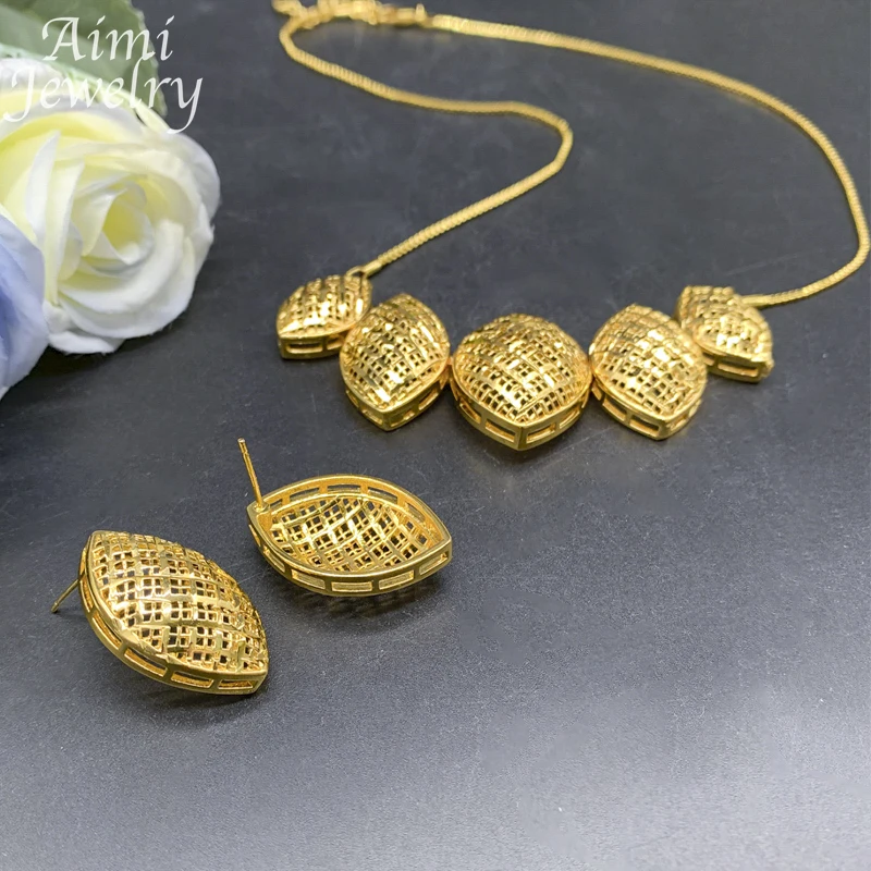 European Simple 18K Gold Plated Jewelry Set for Women Chunky Hoop Earrings Necklace Italian Dubai Bridal Wedding Party Gifts