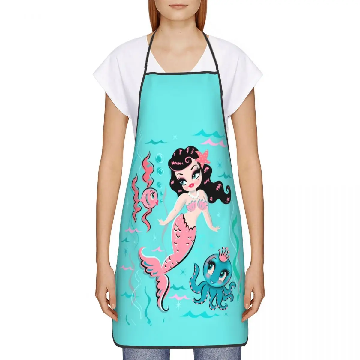 Baby Mermaid And Octopus Prince Apron for Women Men Unisex Bib Cartoon Style Kitchen Cooking Tablier Cuisine Chef Painting