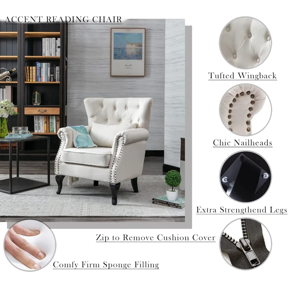 كرسي بذراعين منجد من الكتان الحديث في منتصف القرن مع جناح معنقدة للراحة والمساحات الصغيرة