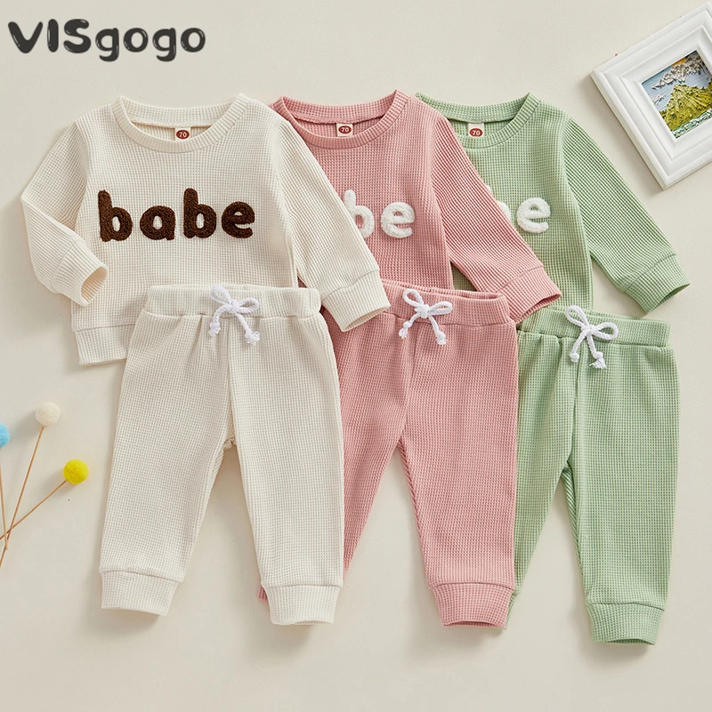 

VISgogo 0-3Y Baby Girls Boys Clothes Fall Outfits Letter Embroidery Round Neck Sweatshirt and Drawstring Long Pants Waffle Set