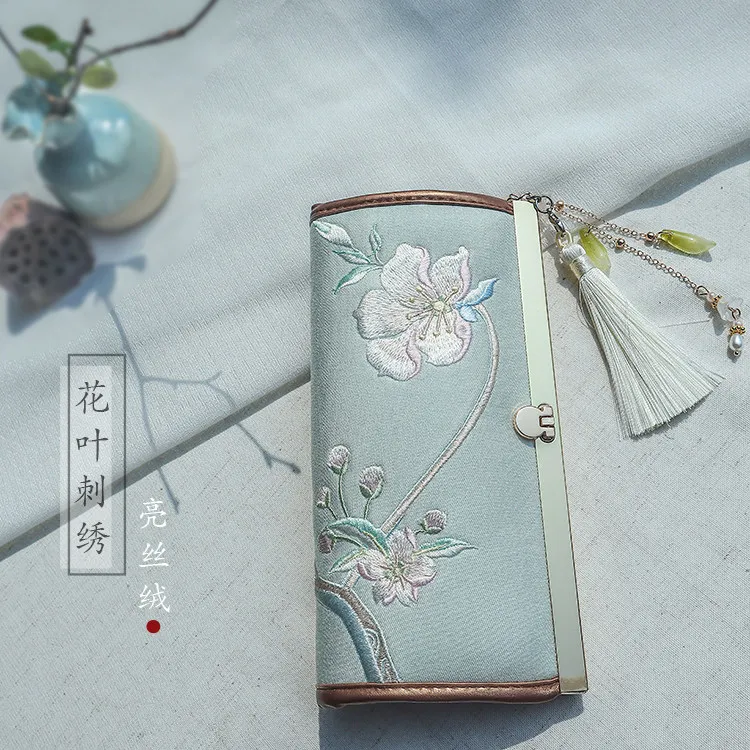 Chinese Style Hand Holding Long Wallet 8 Card Embroidered Cloth Bag Women Handmade Fabric Mori Literary Retro Lady Mother Gift