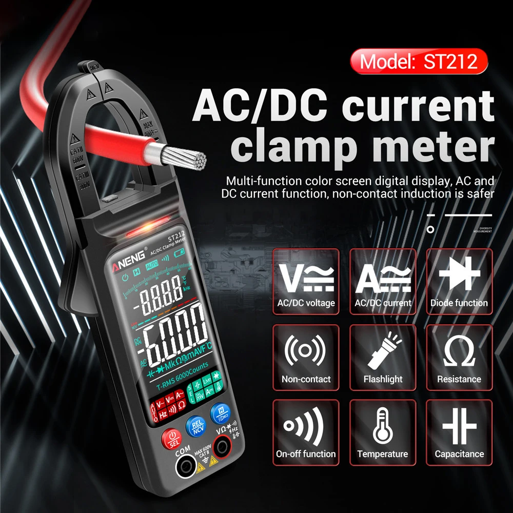 

ST212 Pro DC/AC Current Digital Clamp Meter Large VA Color Screen Voltage Tester 6000 Counts 400A Amp Multimeter Car Hz NCV Ohm