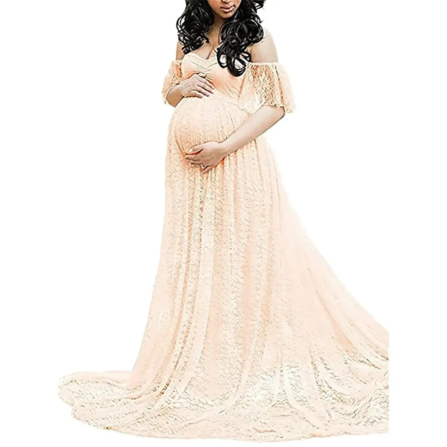 

European and American women's lace pregnant women's tail short sleeved long dress photography flying sleeve dress