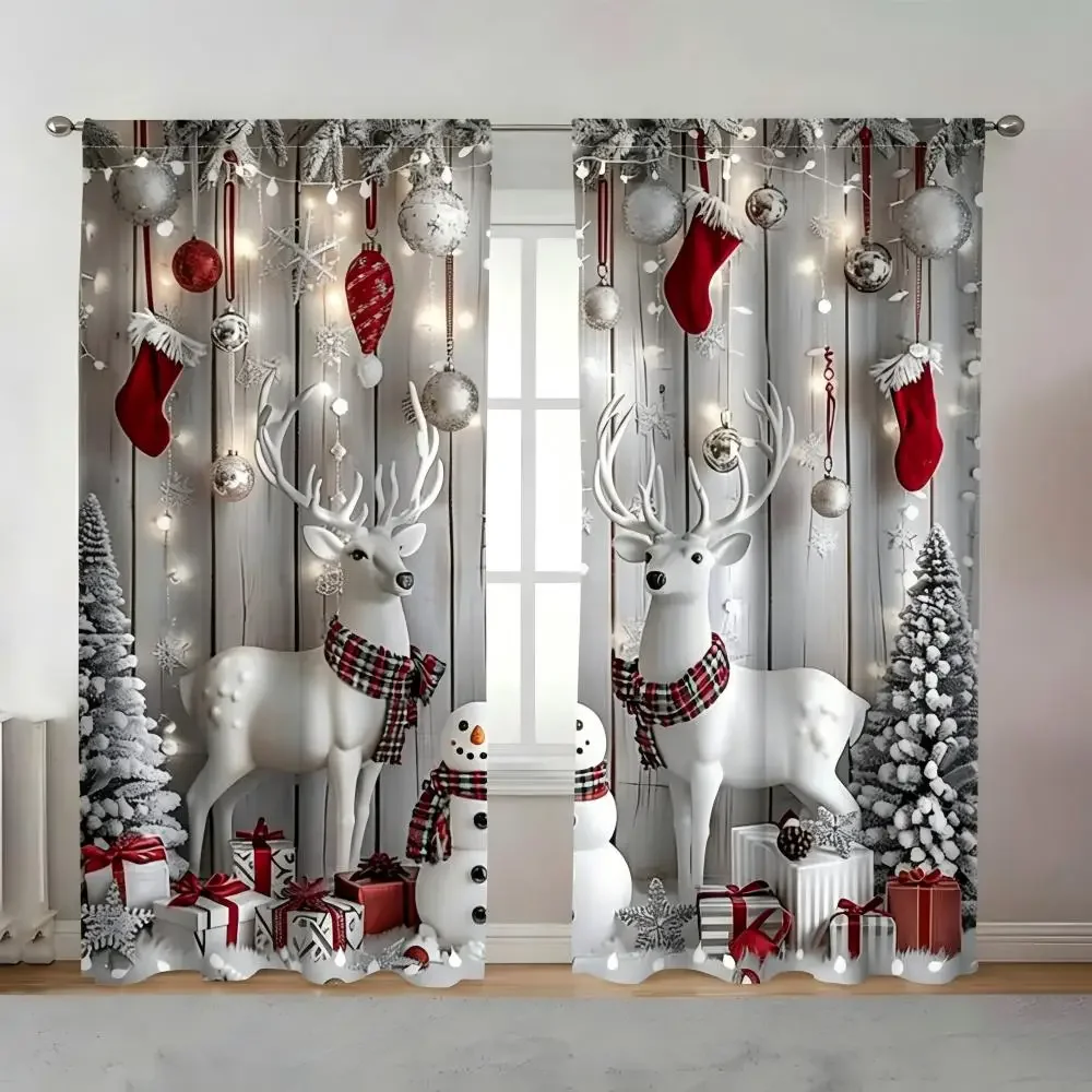 Christmas Curtain Backdrop Scene with Reindeer and Ornaments for Festive Home Decor Holiday Photo Booth
