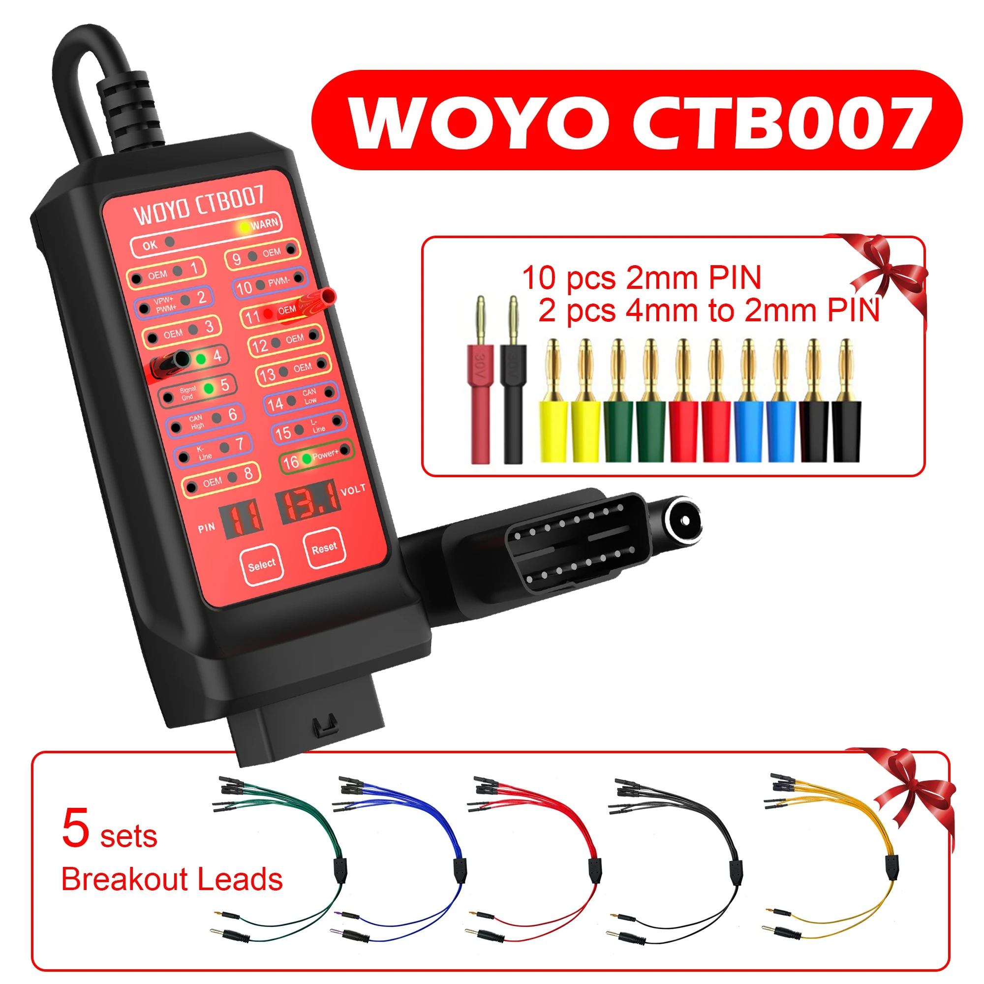 

WOYO CTB007 Диагностический прибор CAN Tester Box 27 дюймов OBD 2, автомобильный диагностический прибор OBD 2 с выходными выводами и разъемом питания 8-30 в