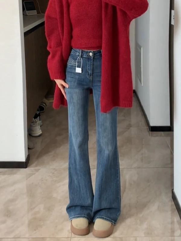 

Джинсы-клеш из эластичного денима больших размеров для женщин, осенне-зимние, с высокой талией, эффекта утягивания, фасон «рогатые штаны»