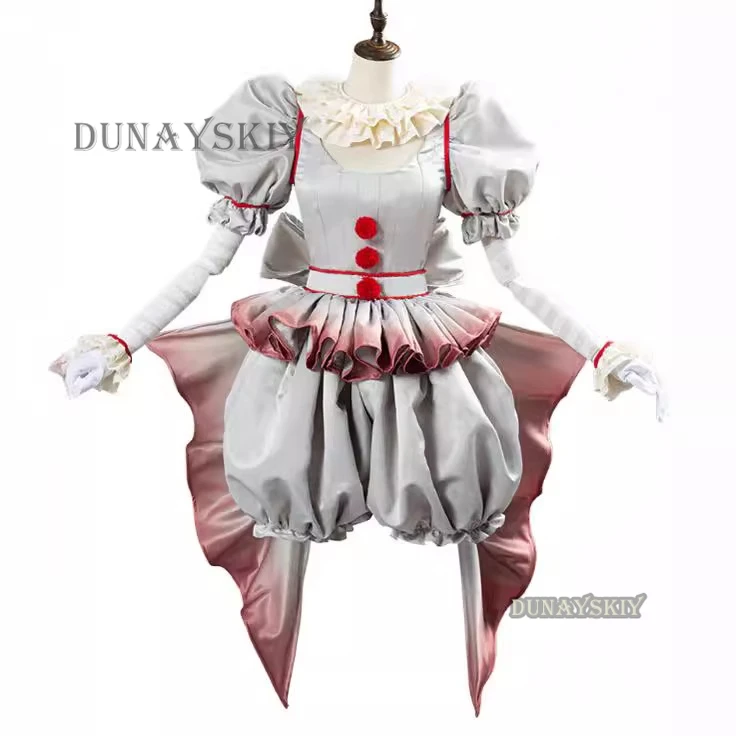 Movie Clown Pennywise Cosplay Costume Halloween Girls Outfit Horror Lolita Dress Up Women Fantasy Dress Carnival Party Full Set