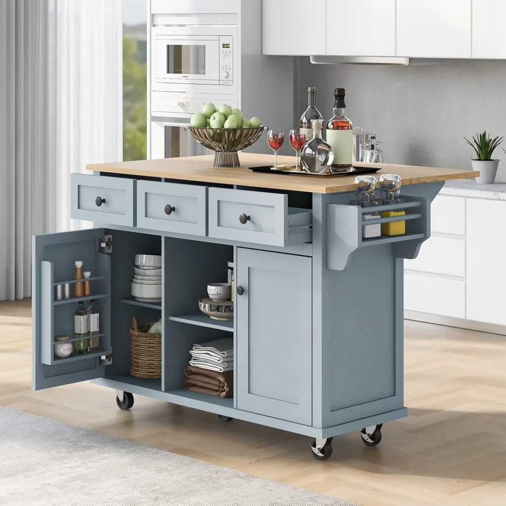 Islas y carritos de cocina equipados con un gabinete de almacenamiento de madera de goma para encimera de deciduos y 3 cajones, Color gris y azul