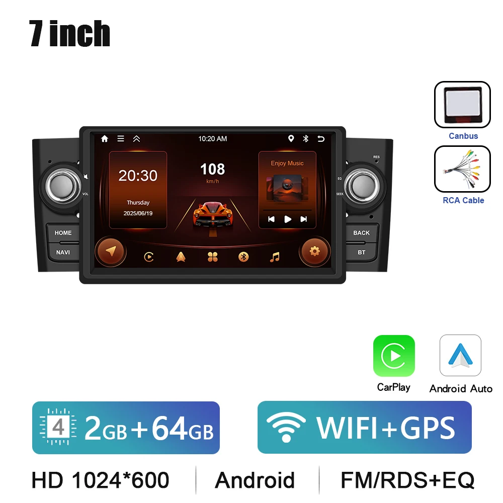 Podofo 7" HD touchscreen autoradio draadloze CarPlay Android Auto radio voor FIAT Punto 2005-2009/Linea 2007-2011 auto multimediaspeler GPS FM WIFI Bluetooth Mirror Link autoradio stereo