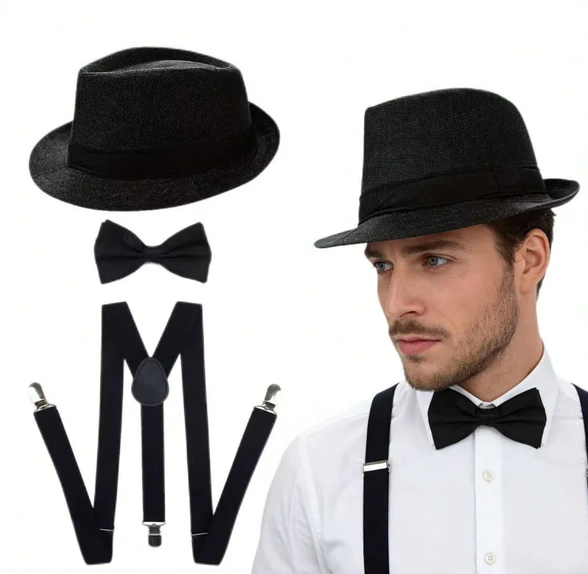 Kit Gangster Années 20 Homme – Chapeau Fedora, Nœud Papillon, Bretelles et Faux Cigare – photo 2