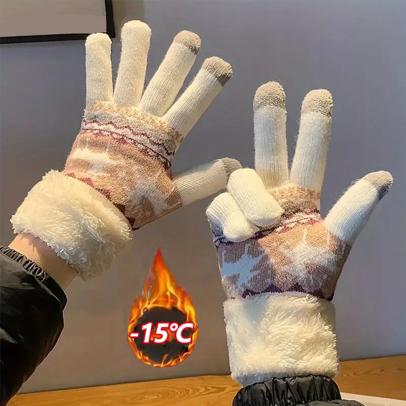 

Christmas Reindeer Jacquard Knit Gloves with Plush Cuff Thick Warm Touchscreen Winter Soft Coldproof Warmth for Autumn Winter
