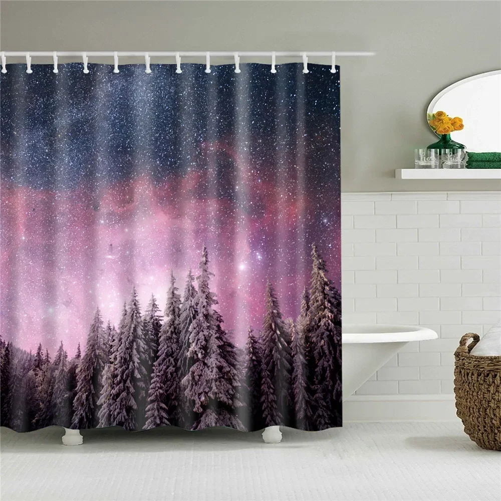 Night Sky Gradient Shower Curtain, Fantasy Starry Sky, Galaxy, Forest, Black, Purple Theme Fabric, Bathroom Decor Set