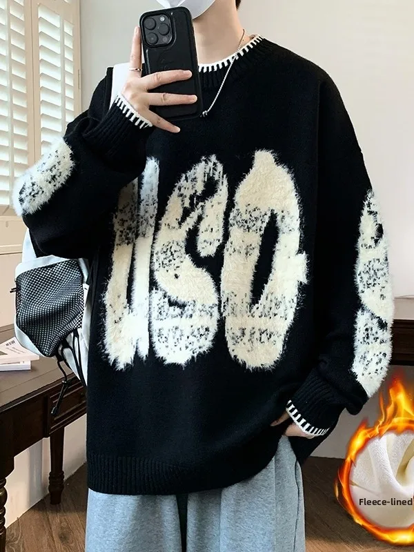 

Мужской вязаный свитер на подкладке Fce, зимний теплый свободный крой, трикотаж с круглым вырезом, повседневный молодежный трикотаж из полиэфирного волокна