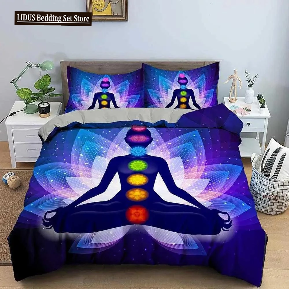 

Yoga Duvet Cover King Queen Chakra Meditation Bedding Set Blue Mandala Boho Hippie Style With Chakra Art Polyester Quilt Cover