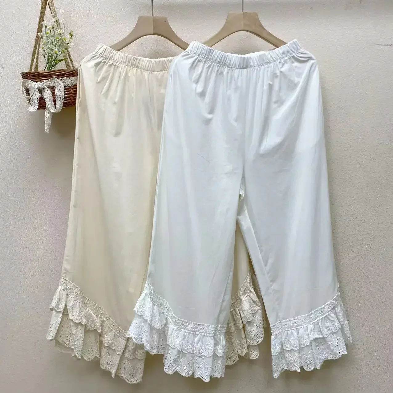 

Women Vintage Victorian Style Ruffled Lace Hem Cotton Wide Leg Pants Edwardian Retro Lolita Sweet Medieval Stacked Dress Pants