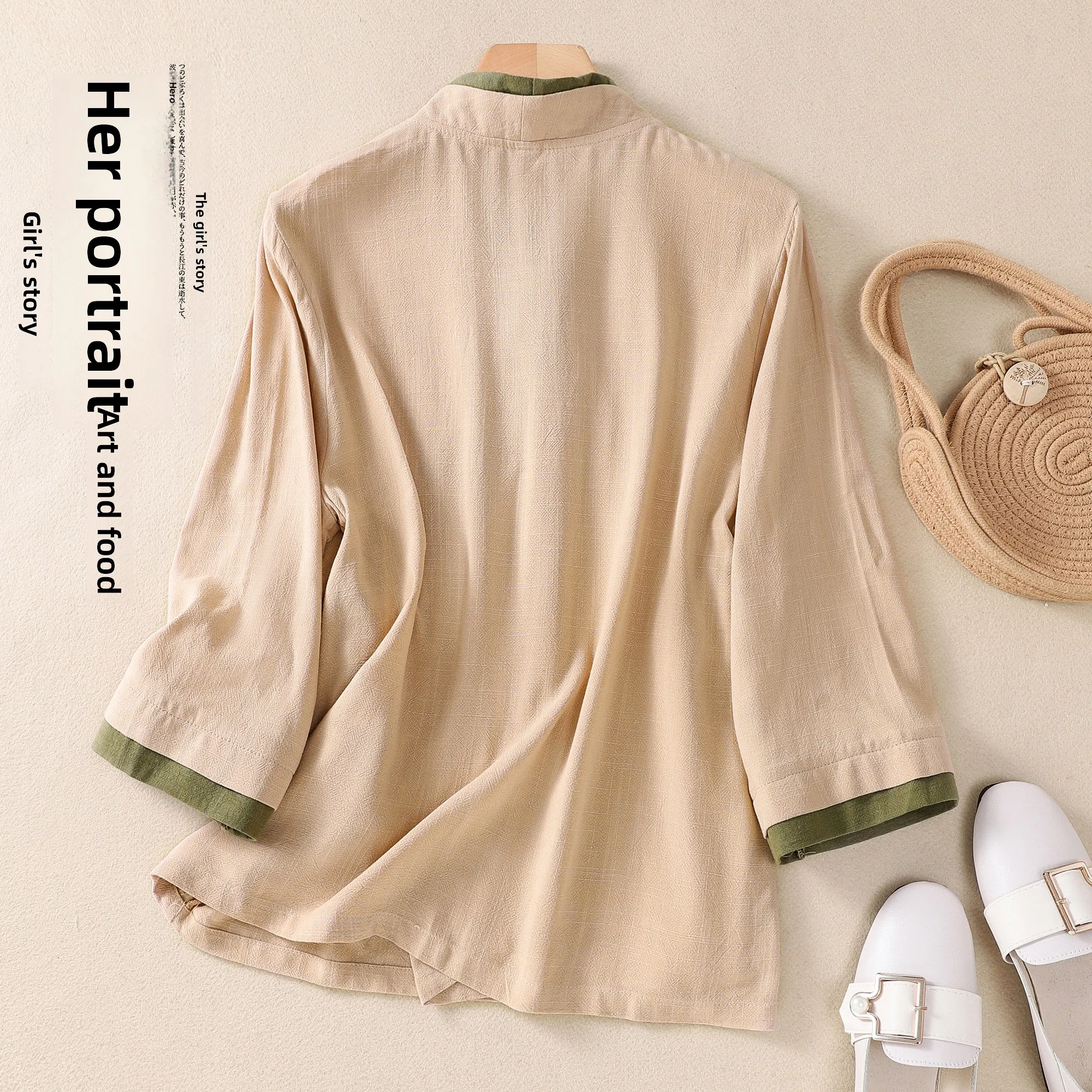 ชุดฮั่นฝูแบบถังสำหรับผู้หญิง ชุดฤดูร้อนสำหรับพิธีชงชา หรือชุดสำหรับการเรียนเซน ปกเฉียง รุ่นปรับปรุง เสื้อสไตล์จีน