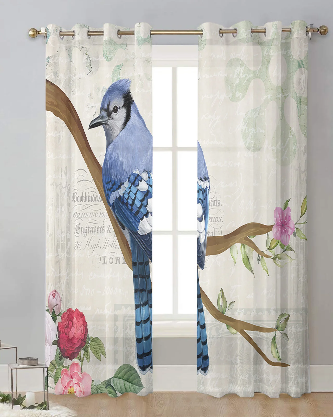 

Vintage Flower Blue Jay Bird Tulle Drapes for Living Room Bedroom Sheer Window Curtains Kitchen Balcony Modern Voile Curtains