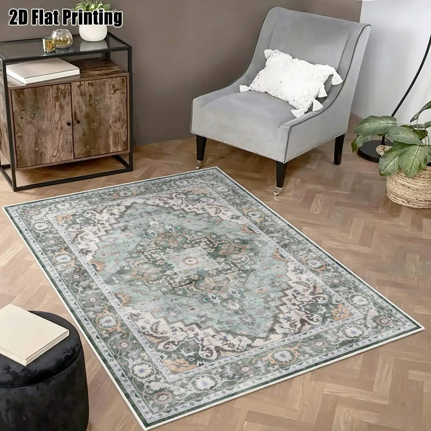 1Pc 2D Printed Velvet Blue-Grey Retro Floral Carpet, European/Modern Minimalist/Instagram Style, Machine Washable, Multi-Size, for Entrance/Dining/Bedroom/Living Room