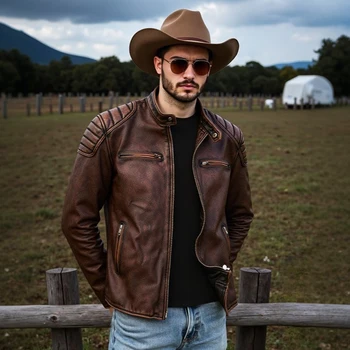 New 100% Cowhide Leather Jacket men Top Layer Clothes Men's Stand Collar Motorcycle Clothes  Autumn Winter Plus Size motorcycle 3
