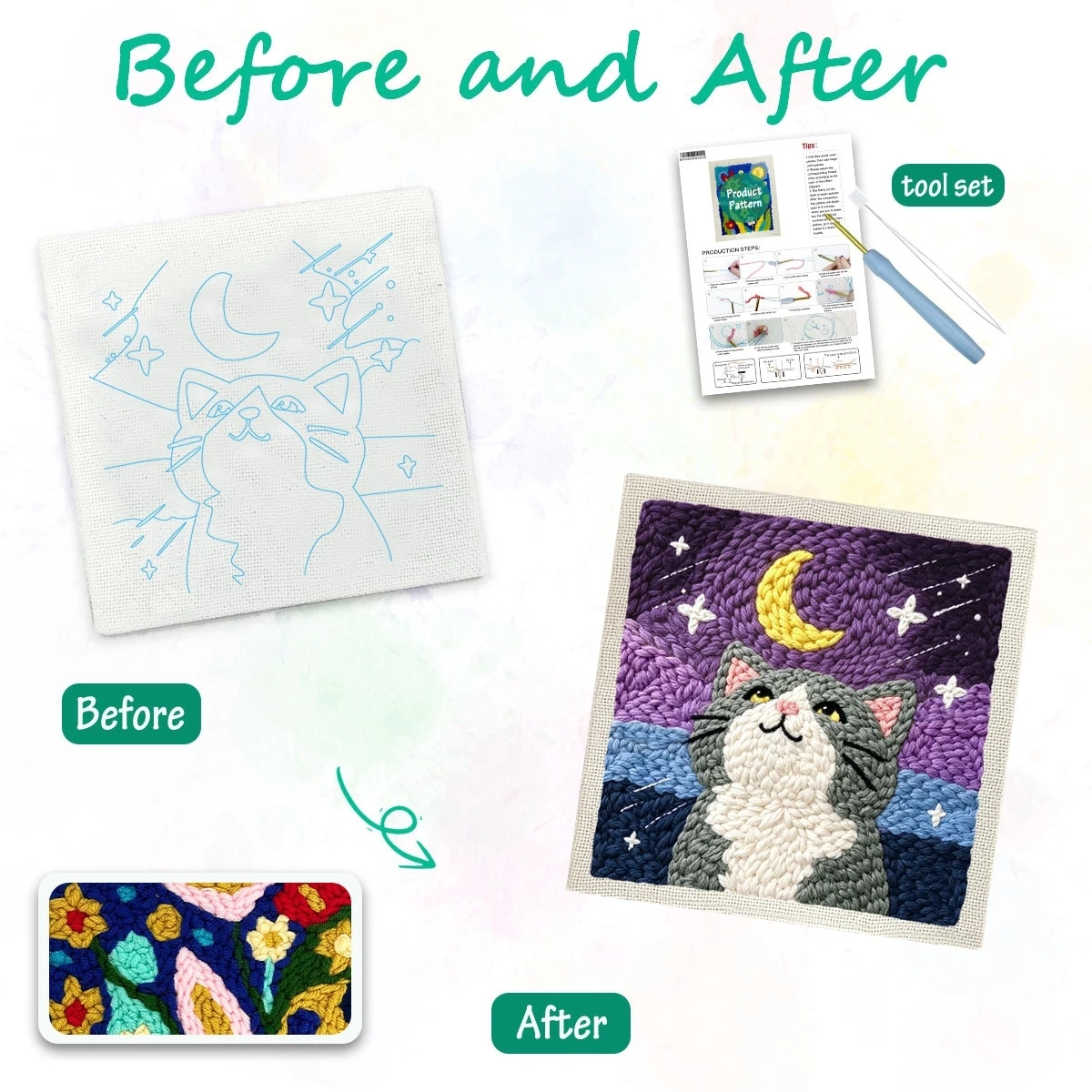 1 Set Katze, die den Mond betrachtet, DIY-Stickset für Anfänger, Stick-Starter-Kit, Kreuzstich-Kunstgeschenk, Handarbeits-Bastelset – Detail 1