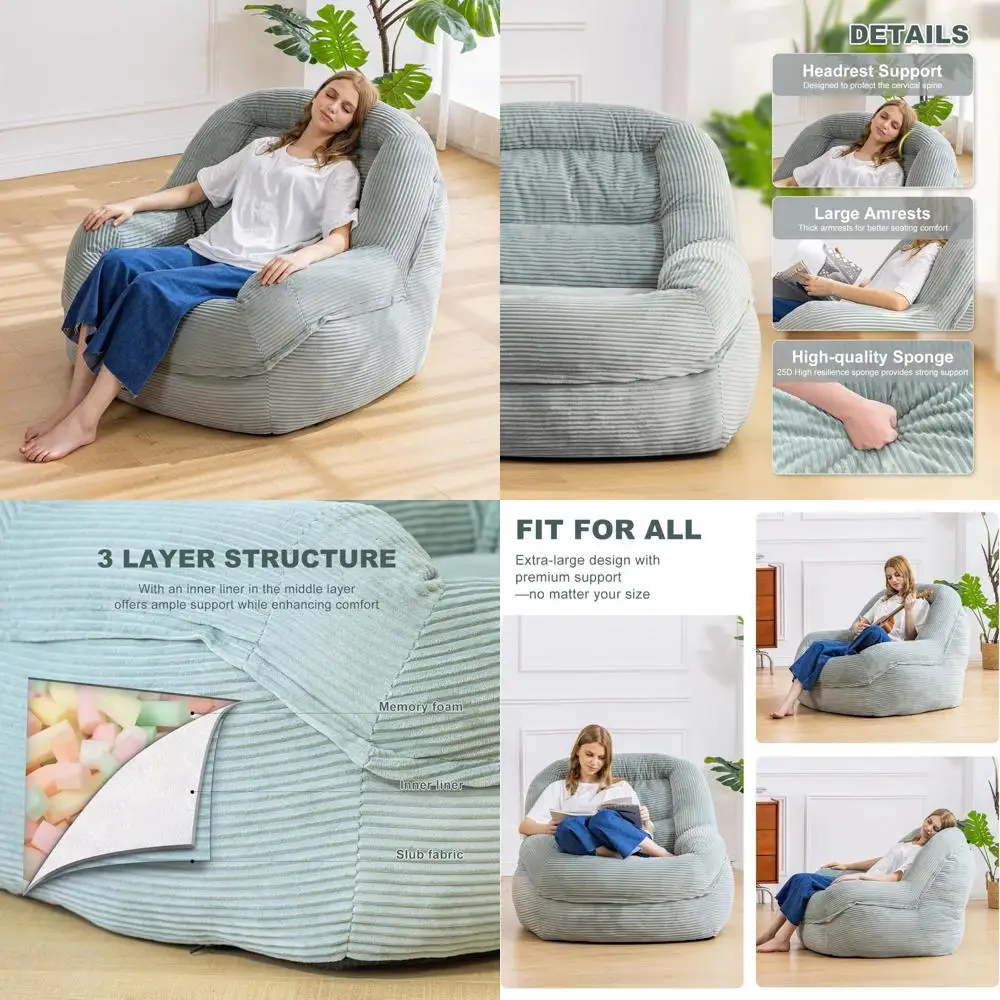 Corduroy Oversized Bean Bag Chair with Armrests - High-Density Foam Filled Cozy Seating for Adults