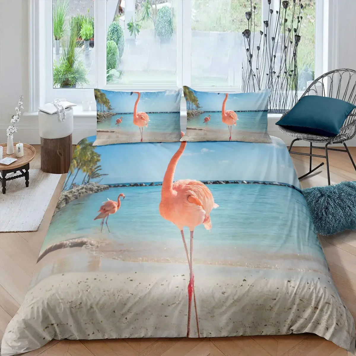 Duvet Cover Pink Flamingo Duvet Cover Tropical Palm Leaf Tree Pattern Theme Wildlife Habitat for Children Teens Adult Room Decor