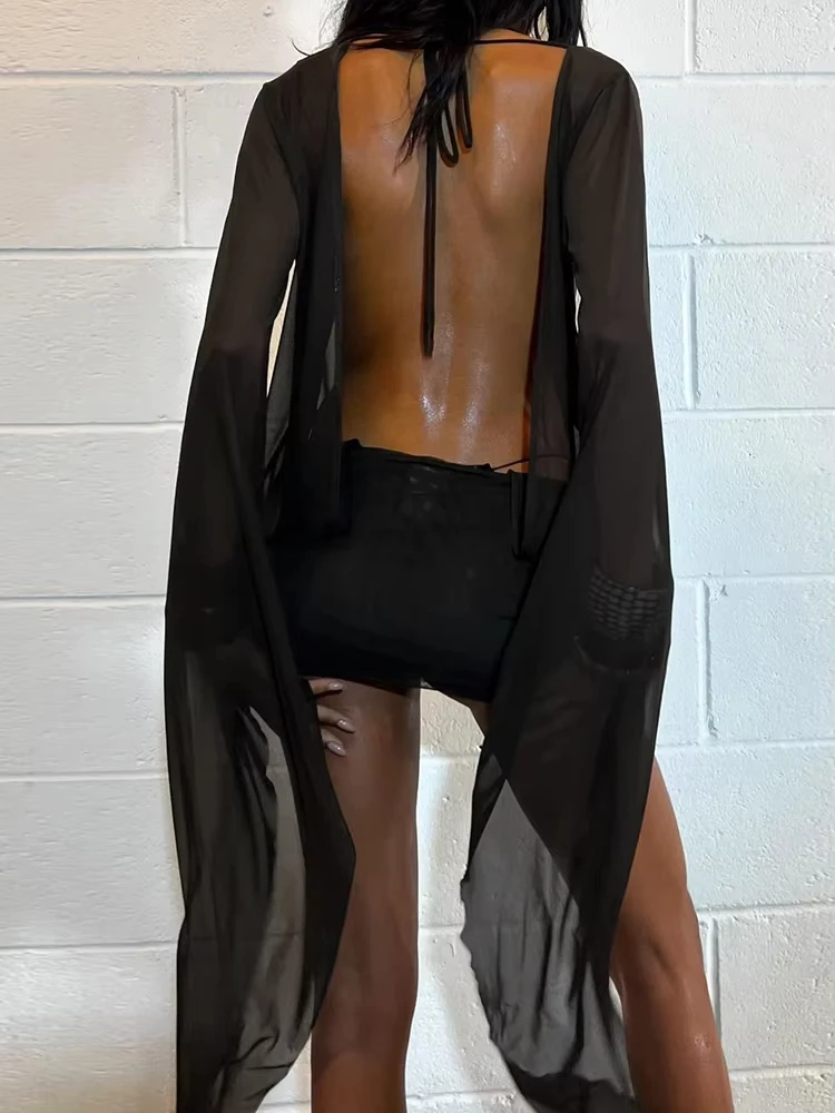 메쉬 섹시 여름 드레스 여성 크로스 밴디지 로우넥 백리스 플레어 슬리브 미드나잇 코켓 미드나잇 파티 바디콘