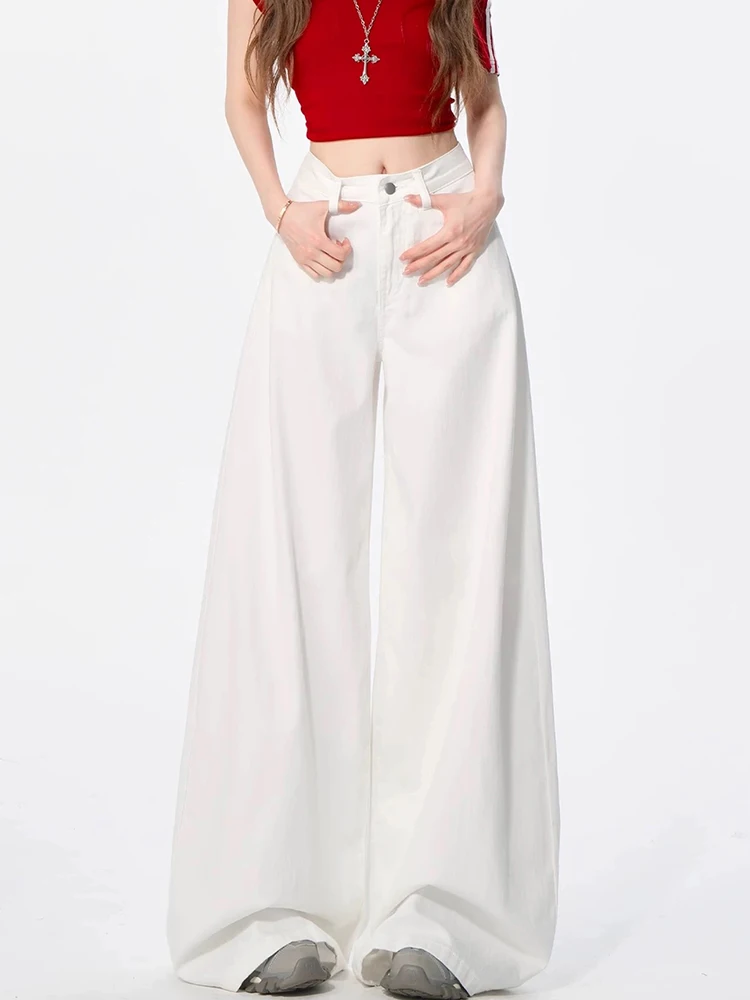 

Womens White Wide Leg Jeans Loose Slimming Design Vertical Straight Leg Pants Casual Long Trousers Streetwear Fashion
