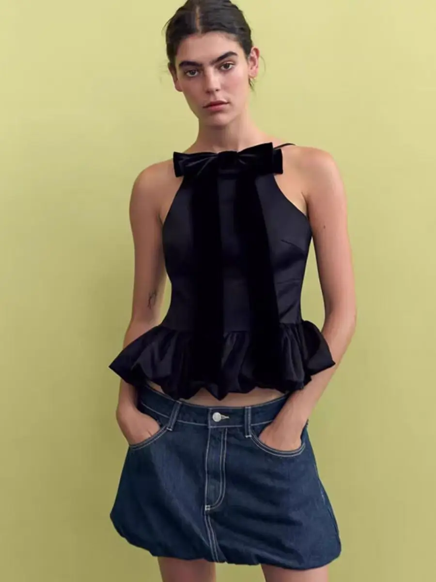 

YY0360 ZA25 summer new women's clothing backless bow decoration balloon version poplin tank top slim fit top 9004420