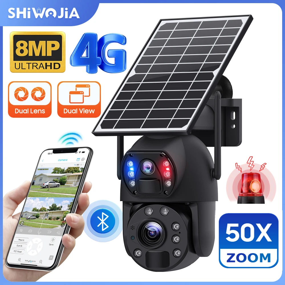 SHIWOJIA 8MP Solar Security Camera 4G SIM 50X ZOOM 360° Outdoor WIFI Solar Panel Cameras Dual Lens PIR Human Tracking Video CCTV