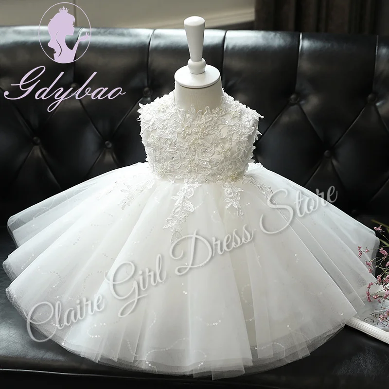 Customized Princess Flower Girl Dress For Wedding Lace Tulle Sequins Appliques Kids Birthday Party First Communion Ball Gown