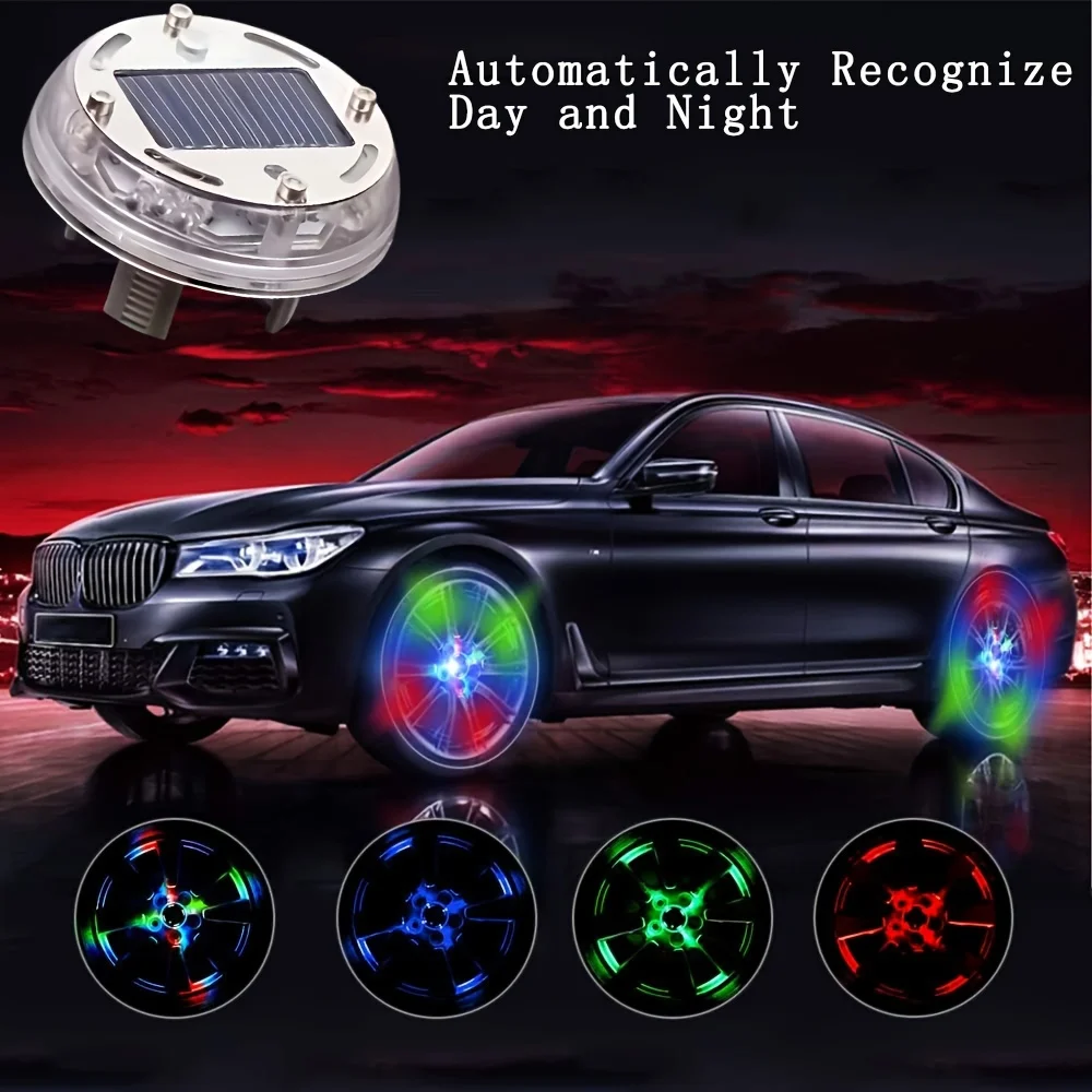 LED Solar HUB Lamp Tire Lights Waterproof Colorful LED Wheel Lights Motorcycle Car Decorative Lights for Night Ambient Light