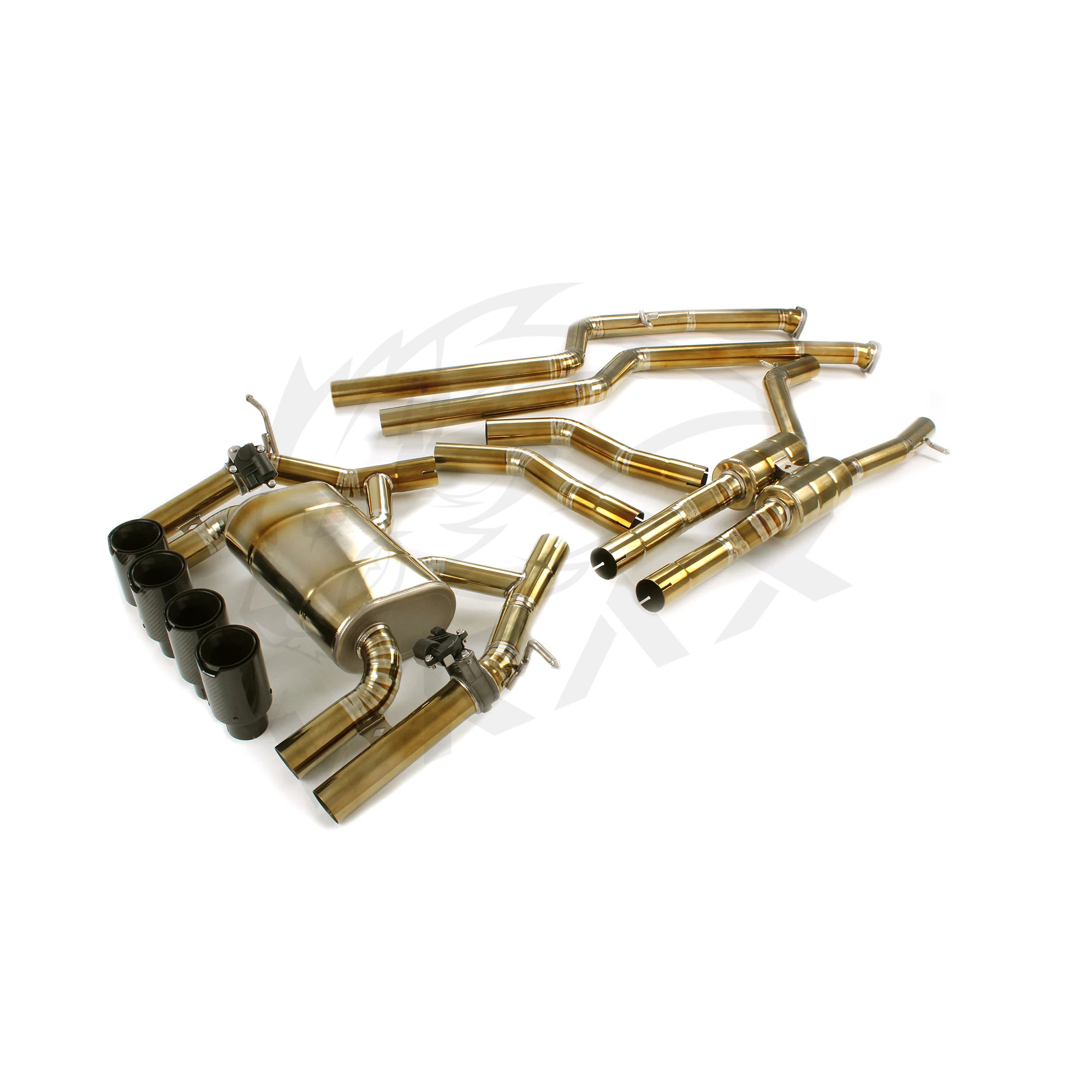 Zestaw do nieniszczącej modyfikacji układu wydechowego WRAX do BMW M3, M4, F80, F82. Złoto-brązowy układ wydechowy ze stopu tytanu z zaworami tłumika