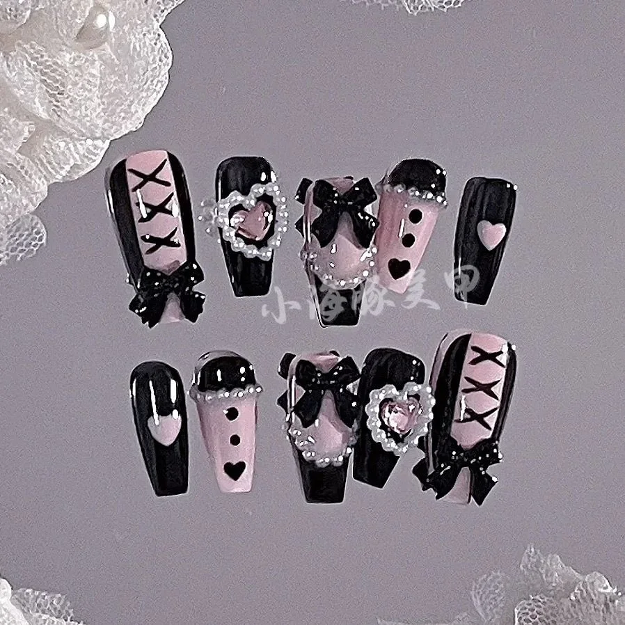 Sweet Cool Style Babes Lace Bow Nail Patch Handmade Fake Nails Stickers Wearing Nail Piece Finished Product Detachable