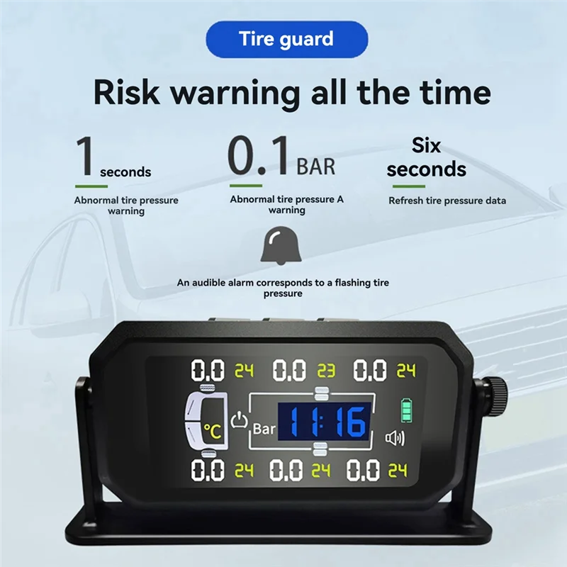 Unique Car RV Truck TPMS 6 Wheels Sensor Solar Tire Pressure Monitoring System Temperature Clock Air Pressure Display Alarm