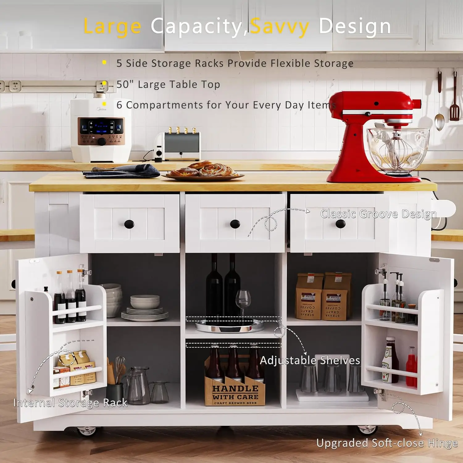 Rolling Kitchen Island with Drop Leaf and Power Outlet - Moveable Kitchen Storage Island  Carts with Racks, Drawers and Shelves