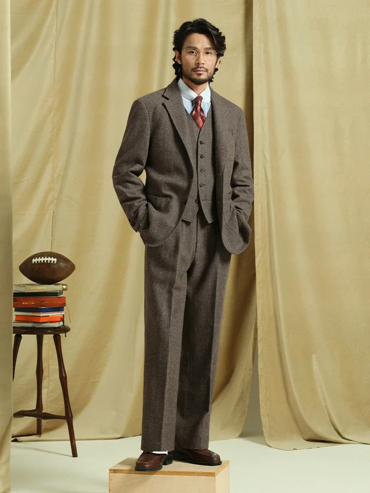 

Cultum Thiened Retro Woolen High Waist Men's Casual Pants Briti Tweed Pattern Straight Leg Long Trousers for Youth