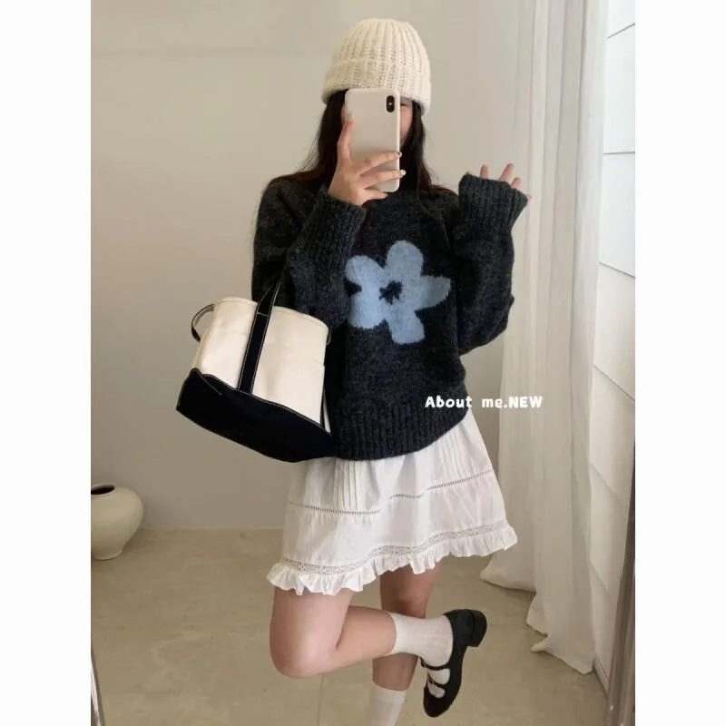 

Модный повседневный жаккардовый свитер с круглым вырезом в корейском стиле с цветочным принтом, женский осенне-зимний свободный свитер большого размера, хлопковый вязаный свитер