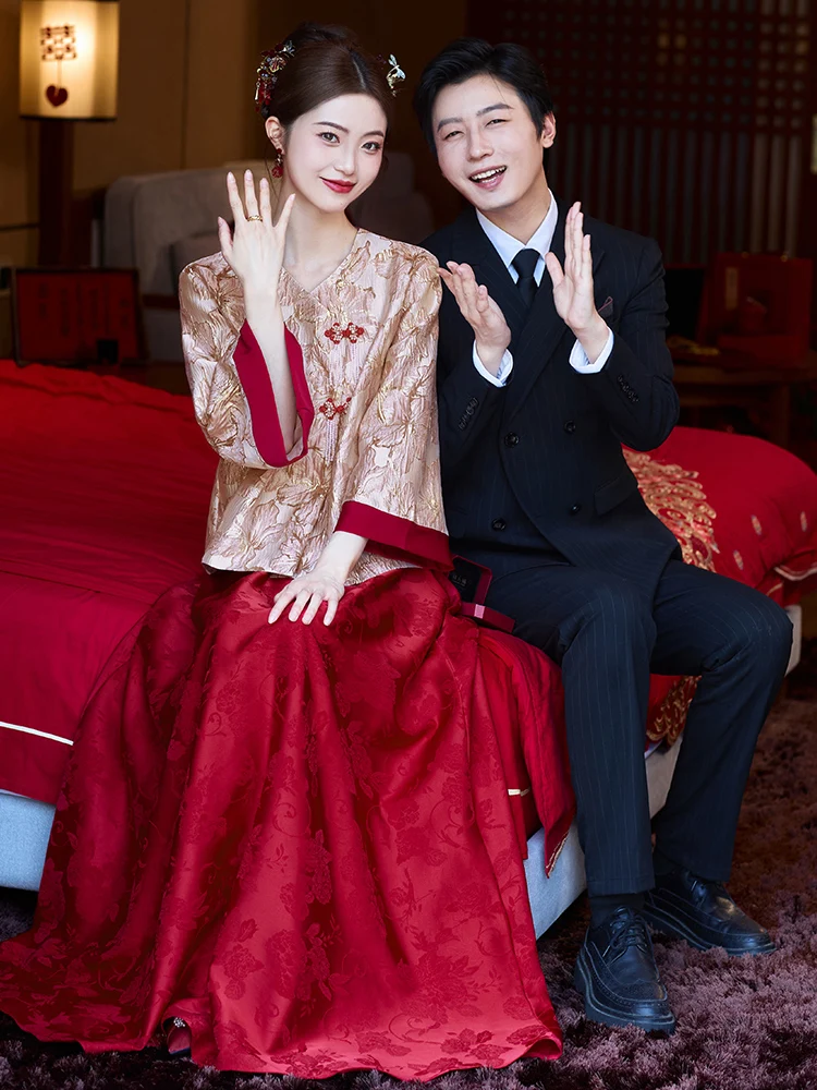 

Новая версия вечернего платья Materni Wedding Dr Slim Fit в китайском стиле с вышивкой, высокой талией, А-силуэтом и длинными рукавами