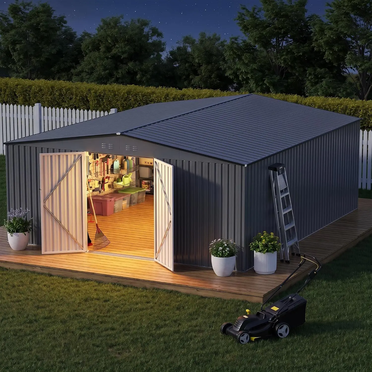 14x12 FT Outdoor Storage Shed Galvanized Steel Reinforced Frame Magnetic Light Lockable Door Vent Backyard, Customized
