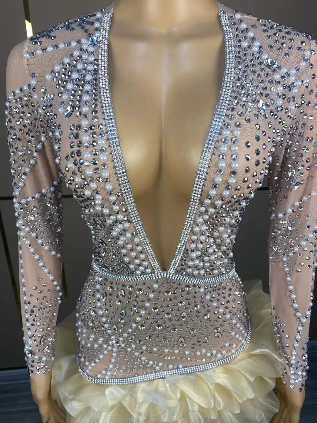 Sparkly Deep V Neck Pearl Rhinestone Birthday Party Queen Dress Women Stage Performance Wear Drag Costume Stretch Sheer Mesh