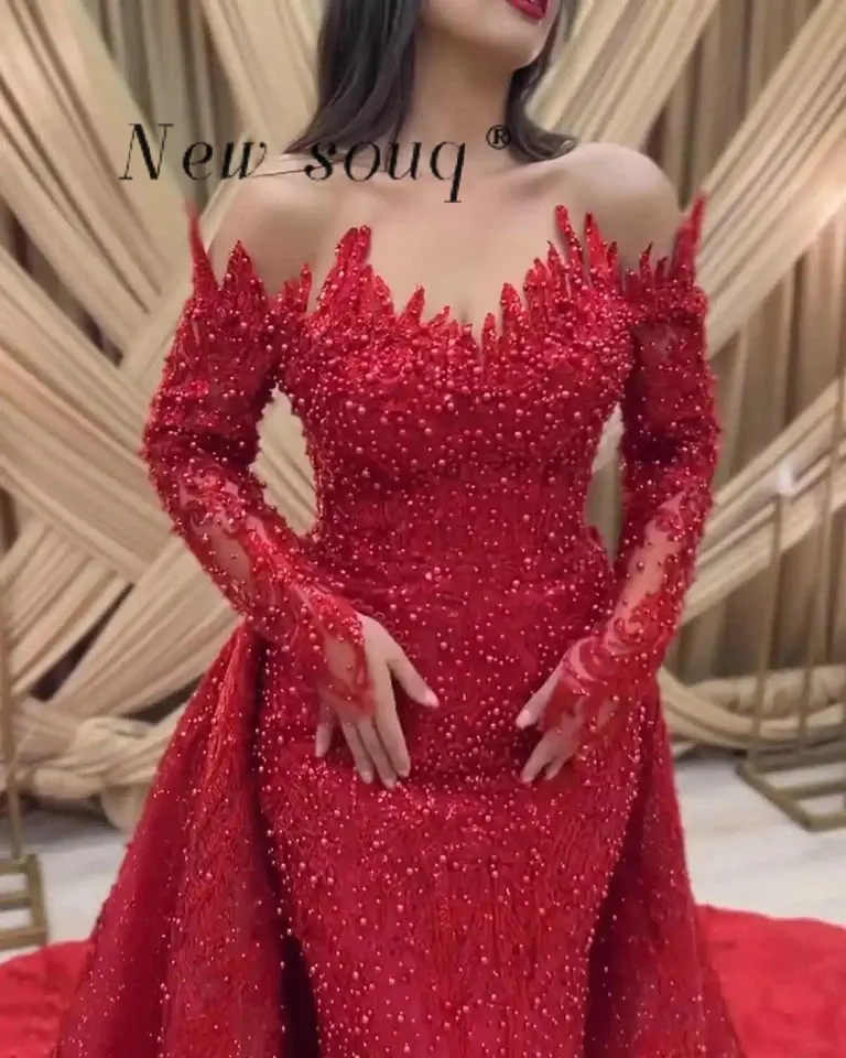 Robe de soirée sirène rouge arabe, épaules dénudées, avec traîne détachable, perles personnalisées, robes de soirée de fiançailles, grande taille