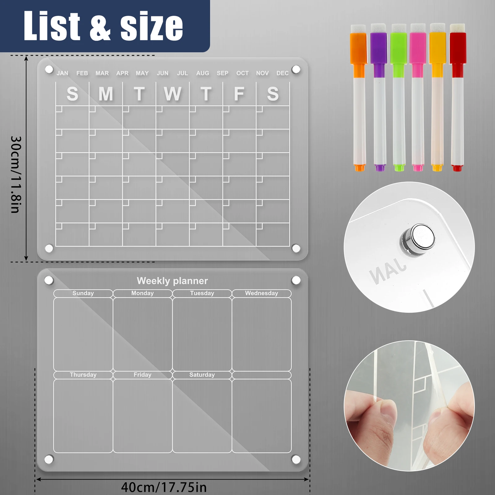 Acrylic Magnetic Calendar Clear Dry Erase Board Reusable Monthly and Weekly Memo with 6 Markers Portable Note Message Board