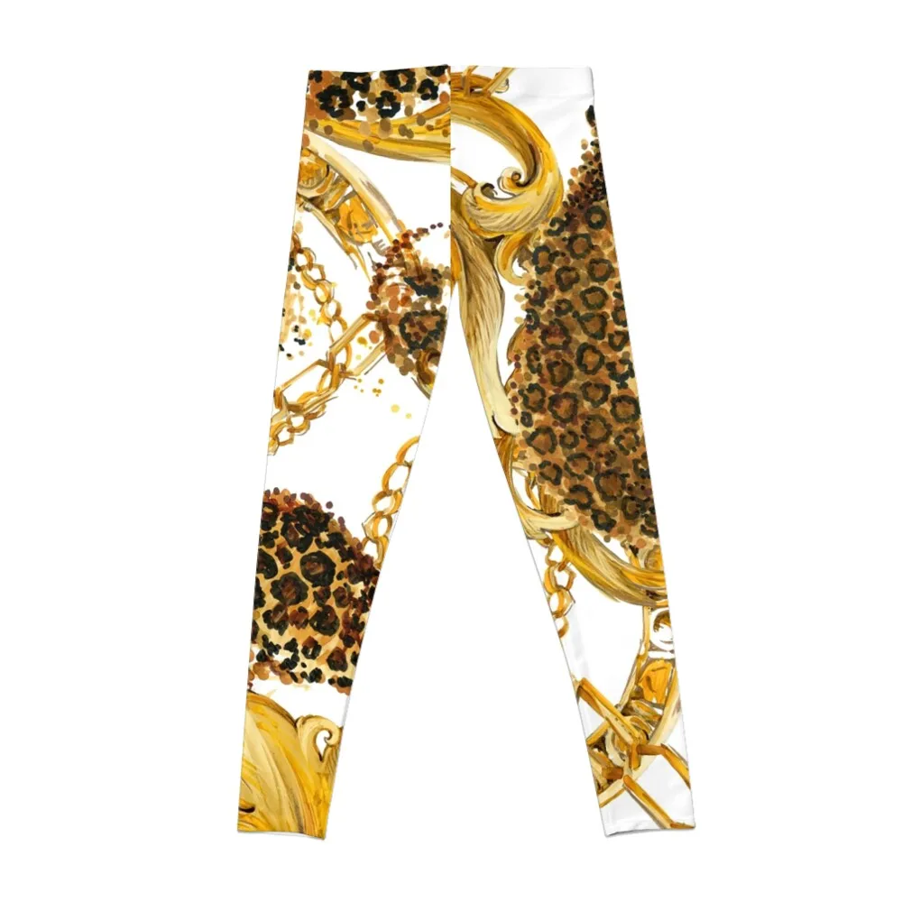 golden leopard baroque seamless pattern. Watercolor vintage gold lace ornament. luxury textile print Leggings