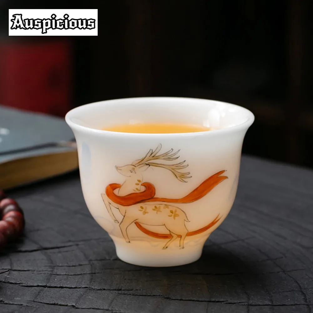 

60ml Iced Jade White Porcelain Tea Cup Hand-painted Deer Tasting Tea Bowl Thin Body Puer Personal Master Cup Meditation Cup Gift