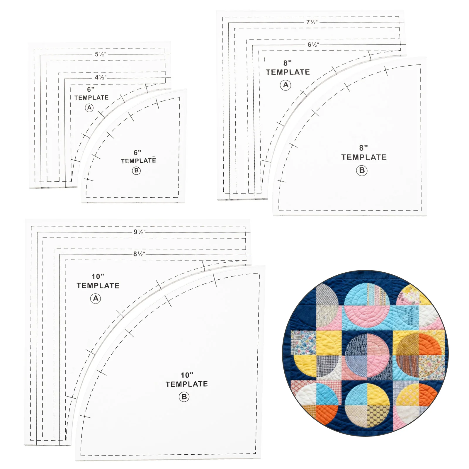 

6pcs Acrylic 6 8 10 Inch Cutting Ruler Quilting Templates Kit for Craft Supplies DIY Sewing Tool with 1/4 inch Seam Allowance